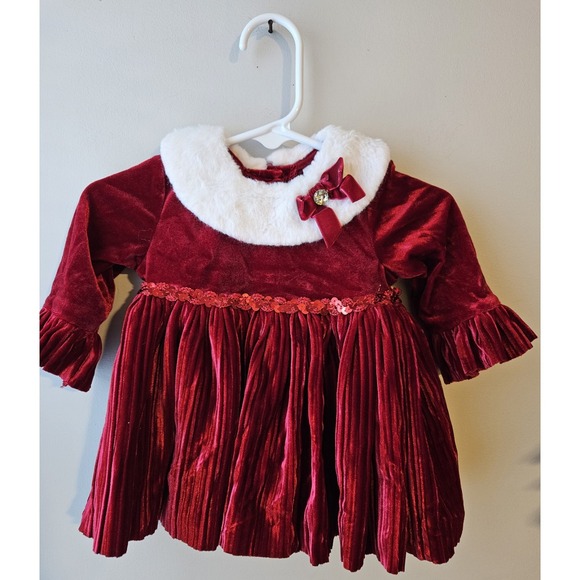Blueberi Boulevard Other - Blueberi Boulevard Baby Girl Red Velvet Holiday Dress 3–6M Faux‎ Fur Collar Xmas